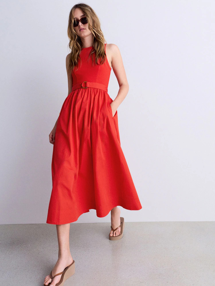 Rood - 2 in 1 Woven Mix Belted Midi Dress | Next EU