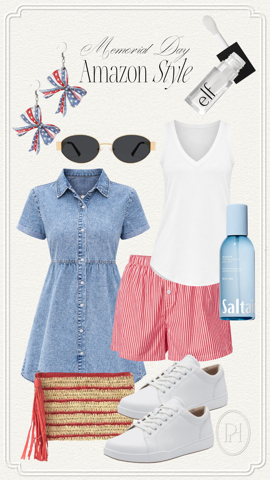 Amazon style finds that are perfect for Memorial Day!

denim dress, mini dress, boxer shorts, striped shorts, white tank top, red, white and blue, stars and stripes, patriotic looks, white sneakers, tennis shoes, trainers, body spray, women's fragrance, lip gloss, lip balm, sunglasses, 4th of July, Independence Day, straw clutch, summer fashion, summer style, summer outfit, summer looks 

 #LTKgrwm #LTKootd #LTKSeasonal