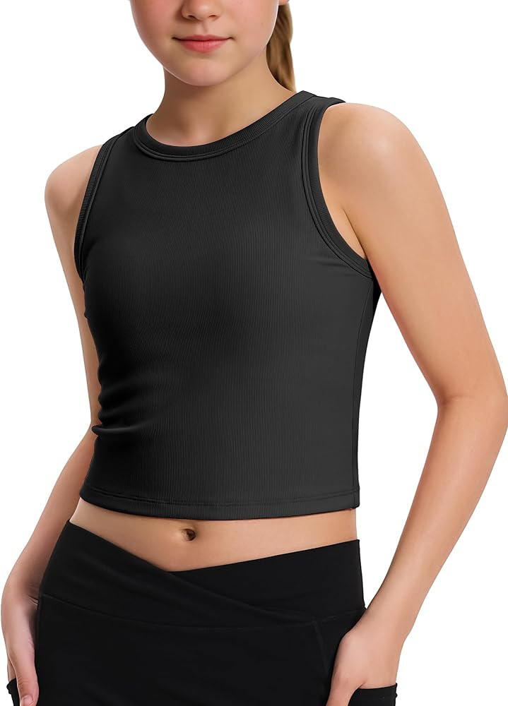 JOCMIC Girls Tank Tops Kids Athletic Tank Ribbed Knit High Neck Crop Tops for Gym Yoga | Amazon (US)