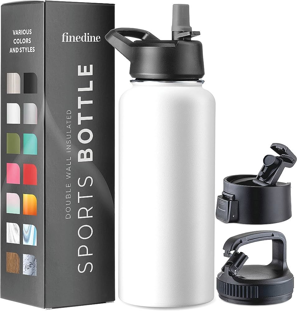 FineDine Insulated Water Bottles with Straw - 32 Oz Stainless Steel Metal Water Bottle W/ 3 Lids ... | Amazon (US)