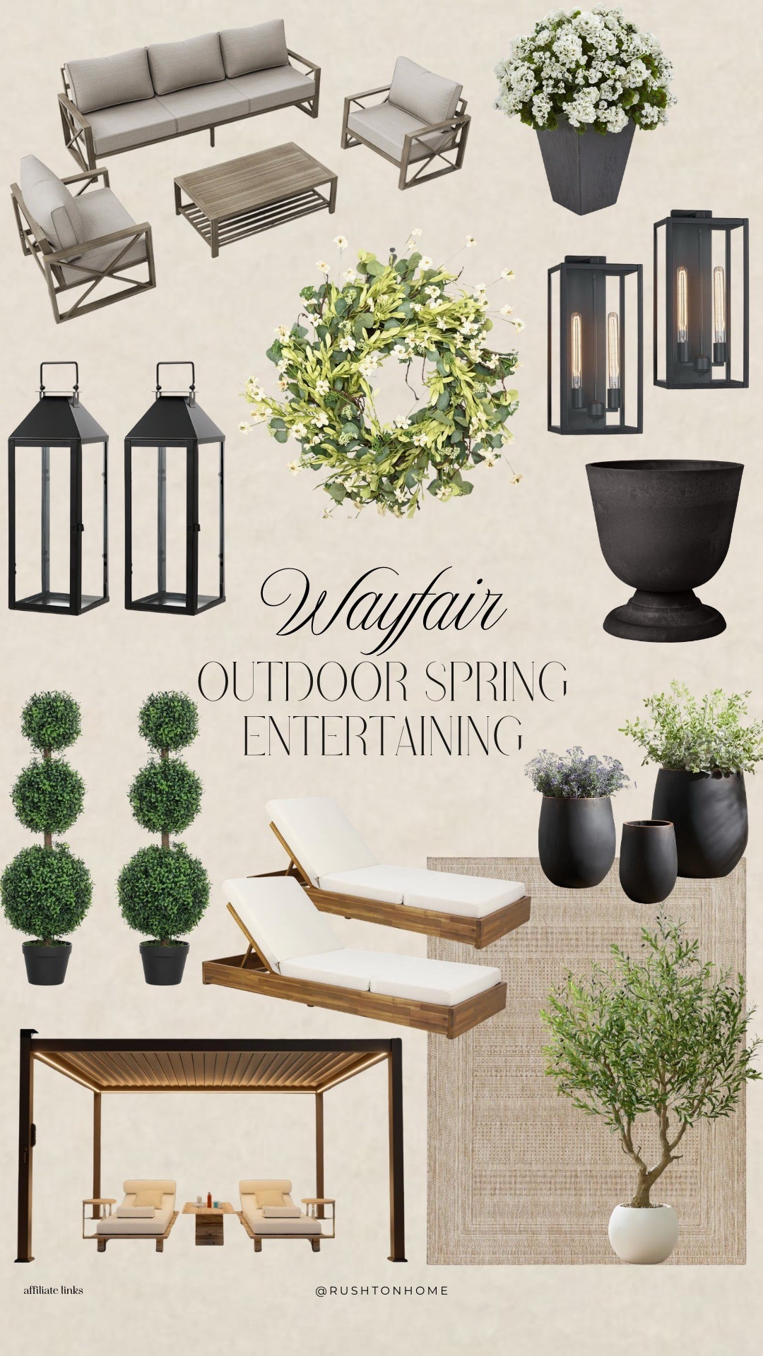 Wayfair outdoor furniture, outdoor spring entertaining, patio styling ideas, outdoor lounge set, neutral patio furniture, black outdoor lanterns, modern outdoor sconces, outdoor wreath decor, boxwood topiary trees, outdoor chaise lounge chairs, pergola with canopy, jute outdoor rug, large outdoor planters, black planter pots, olive tree decor, backyard entertaining ideas, patio refresh ideas, spring patio decor, affordable outdoor furniture, neutral outdoor aesthetic 

 #LTKHome

#LTKmomlife #LTKHome #LTKvlog