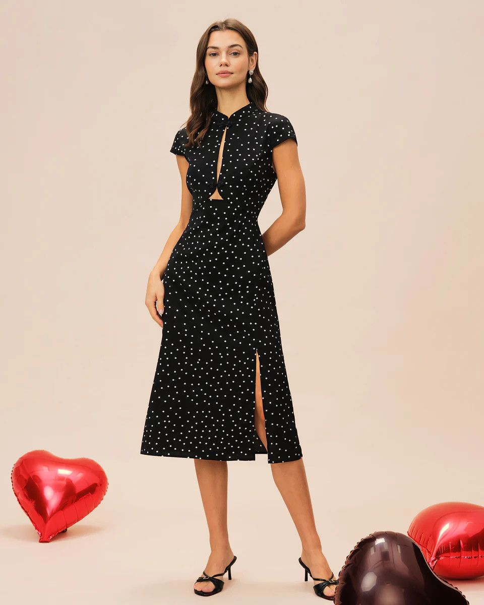 Black Mandarin Collar Polka Dot Midi Dress | rihoas.com