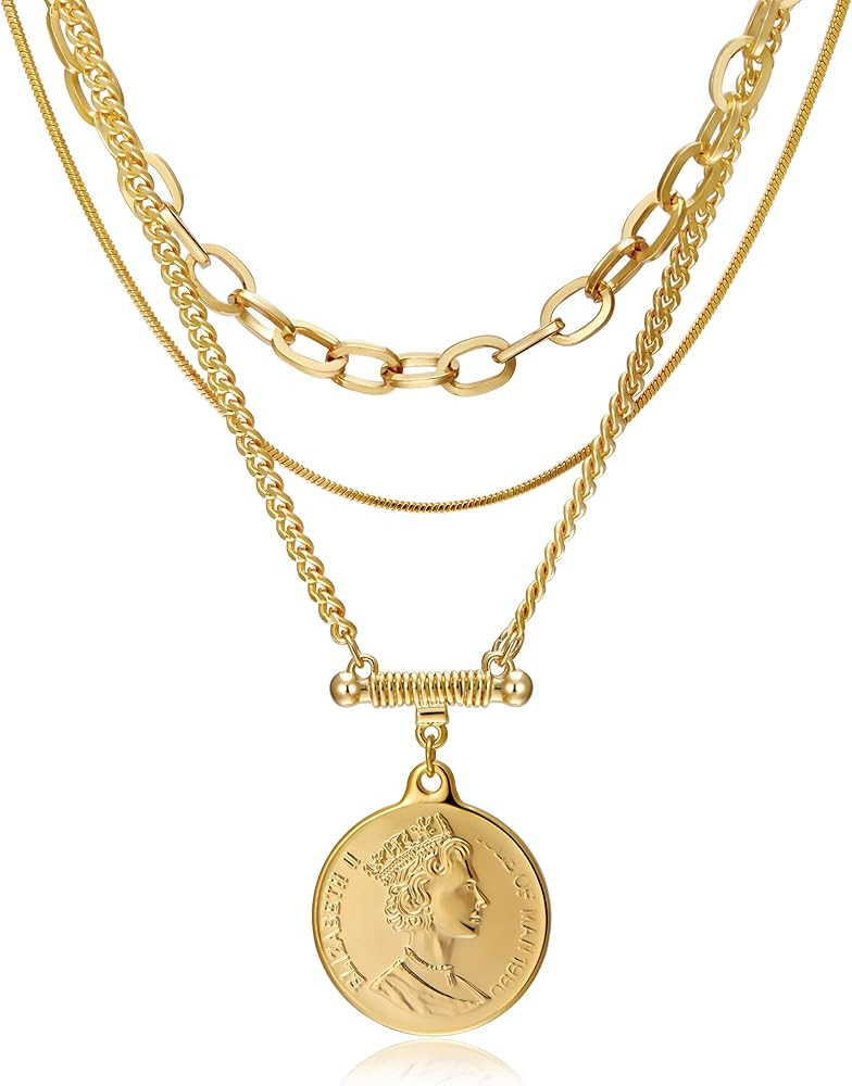 Layered Choker Necklace,18K Gold Plated Coin Pendant Necklace Multilayer Disc Necklace Chunky Pap... | Amazon (US)