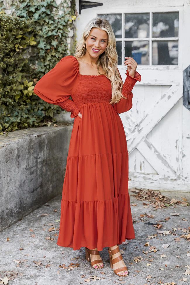 Momentary Phase Rust Smocked Bust Maxi Dress | Pink Lily