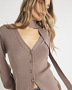Brown Knitted Tie Neck Cardigan | River Island UK & IE