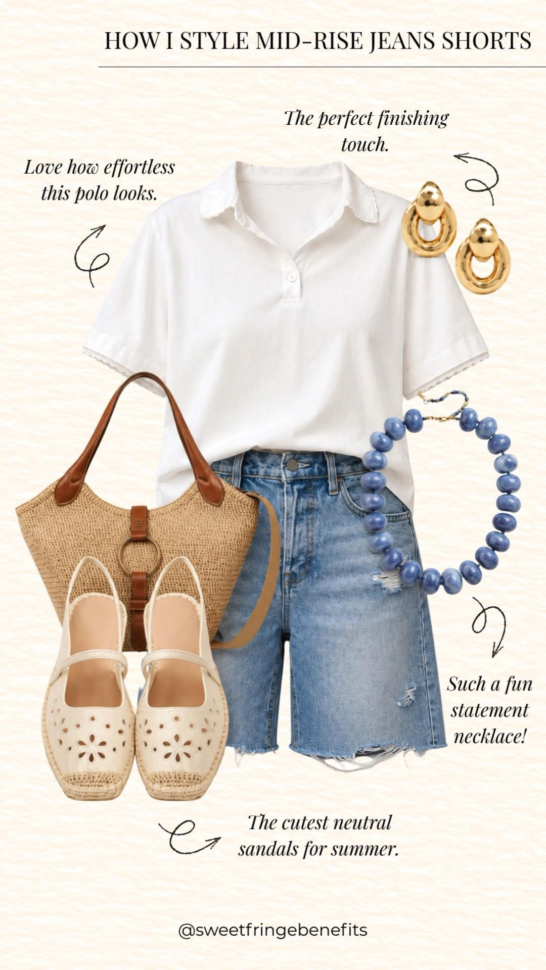 These mid-rise denim shorts are an easy summer staple you’ll reach for on repeat. Paired with a crisp white polo, neutral woven flats, and raffia accessories for an effortless everyday look.

💡 LTK MADE EASY

❤️ Heart = Support my posts 
🔖 Save = Get sale & restock alerts for the things you love!
📋 Lists = Keep favorites organized
📲 Share = Send lists and products to a friend.
💬 Comment = Ask me anything, and I’ll answer.

#LTKootd #LTKSeasonal #LTKOver40