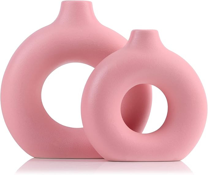Pink Ceramic Vase Set of 2-2 Round Pink Vase, Modern Pink Vases for Decor Flower Vase, Apply to L... | Amazon (US)