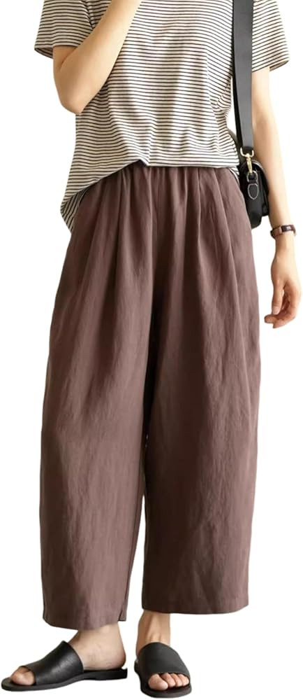 Yeokou Womens Linen Pants Summer Casual Capris Cropped Wide Leg Beach Trousers with Pockets | Amazon (US)