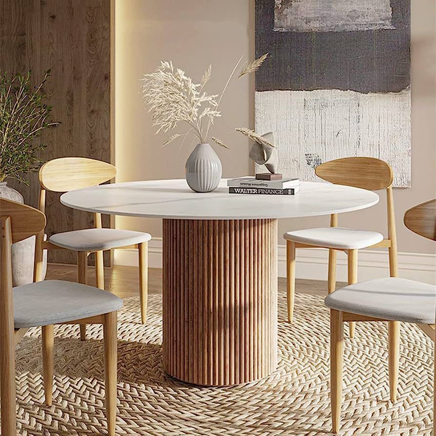 Pine Solid Wood Dining Table, BIGMAII Modern Round Kitchen White Marble , Natural Wooden Pedestal... | Amazon (US)