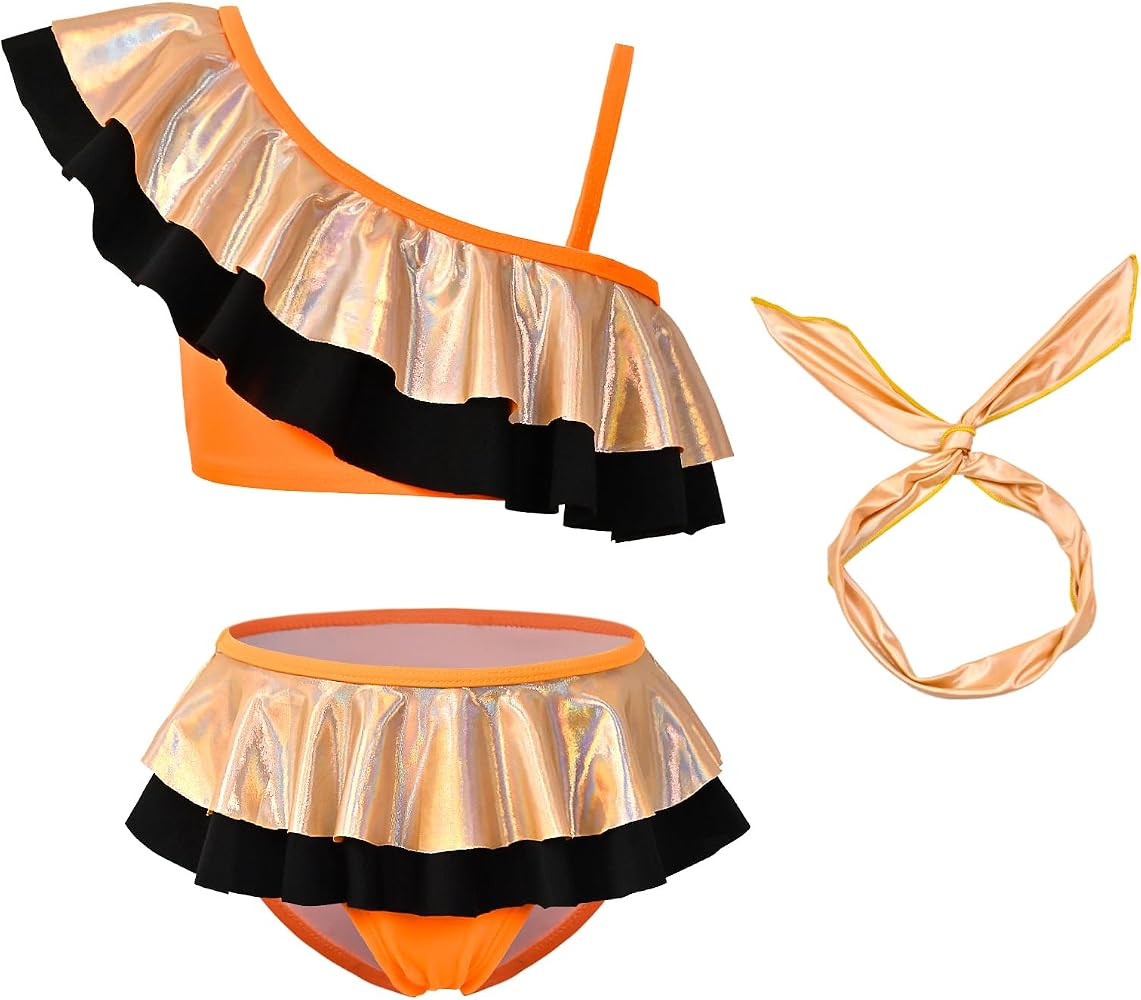 CHILDRENSTAR Girls Bikinis Set Metallic 2 Pieces Swimsuit Cute Ruffles Solid Color Block Bathing ... | Amazon (US)