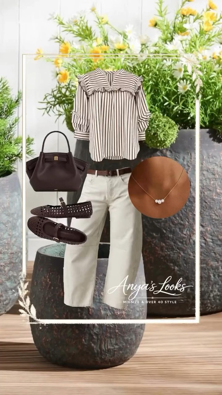 ✨Comment SHOP for links 

Neutrals never fail 🤎✨
This midsize-friendly outfit is the definition of effortless over-40 style. The striped ruffle blouse adds softness and movement, while these cream wide-leg pants create a flattering, elongated silhouette (yes please 🙌). Paired with dark brown accessories and classic woven flats for that polished but relaxed look. 

#MidsizeStyle #Over40Fashion #ClassicNeutrals #amazonfinds 
https://liketk.it/5WN8R