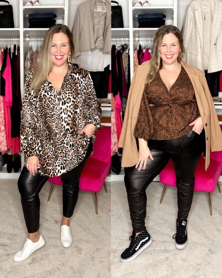 THIS OR THAT? Help me pack for my trip to Vegas! Look on the left: Paired this animal print top from Show Me Your Mumu (2X - runs very generous) with Vegan Leather Ankle Straight Pants from Abercrombie (34/18W - they run true to size get your regular size because they do stretch out). Added a pair of sneakers from Banana Republic (linked similar as well). The earrings are from Amazon! Look on the right: wearing Spanx Leather Like Jogger (2X - they run a bit small so if you're unsure size up - use code ASHLEYDXSPANX for a discount). Paired with super cute cut-out top from Target (1X - this top runs generous - the top is still a little loose on me I am a size 42DD chest for reference) and a camel Eloquii blazer (20). Shoes are Vans (linked similar)

#LTKcurves #LTKtravel #LTKstyletip