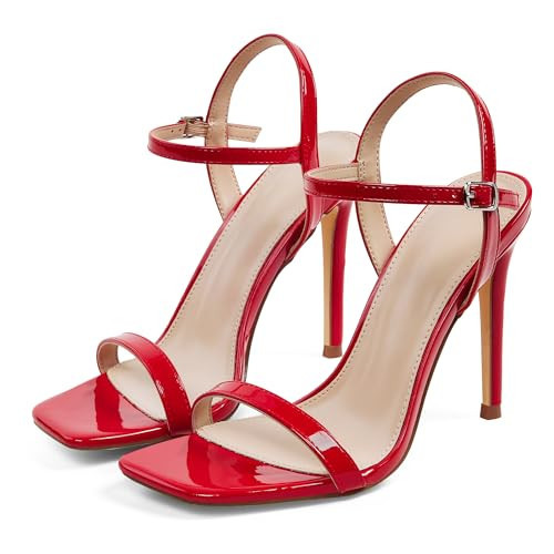 GENSHUO Women's Strappy High Heeled Sandals Trendy Square Open Toe Ankle Strap Stiletto Heels Stylish Red Party Wedding Heels Size 9.5 | Amazon (US)