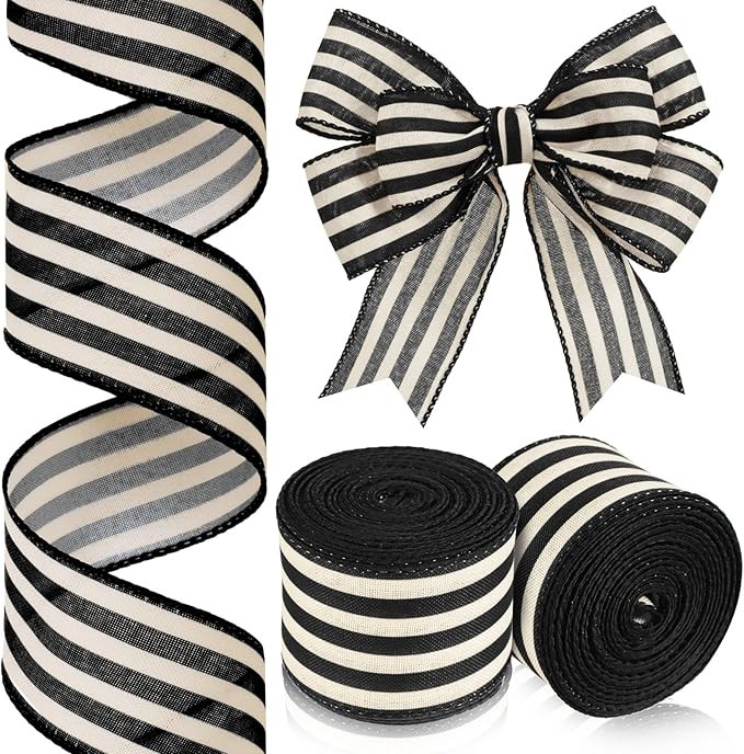 Moukeren 2 Rolls Black and Cream White Stripe Wired Edge Ribbon Halloween Rustic Ivory Boho Black... | Amazon (US)