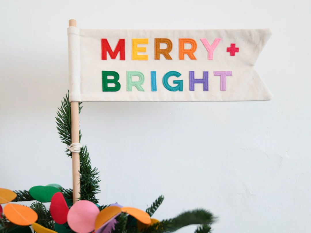 Merry and Bright Christmas Tree Topper Flag - Etsy | Etsy (US)