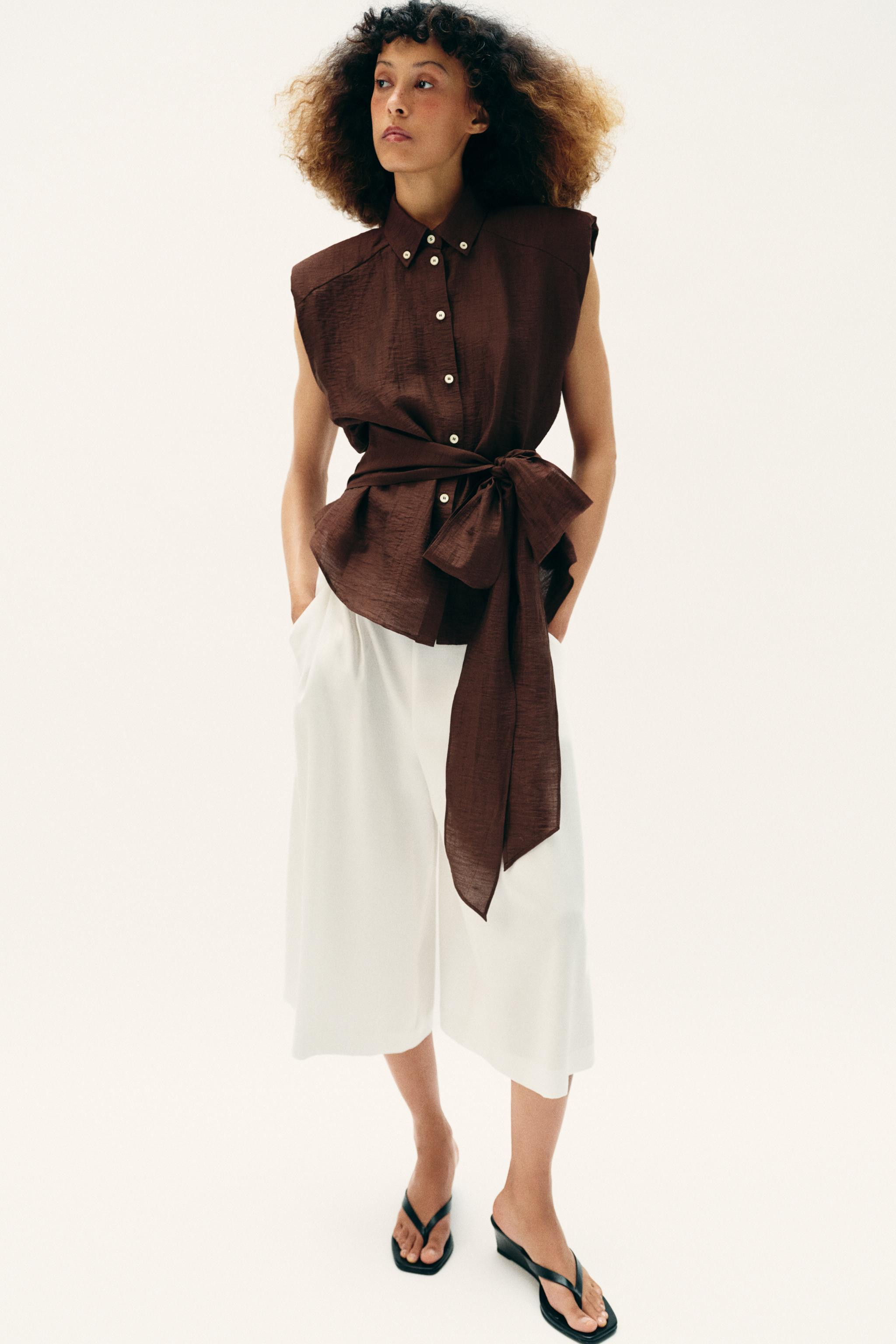 LINEN BELTED SHOULDER PAD TOP | Zara US