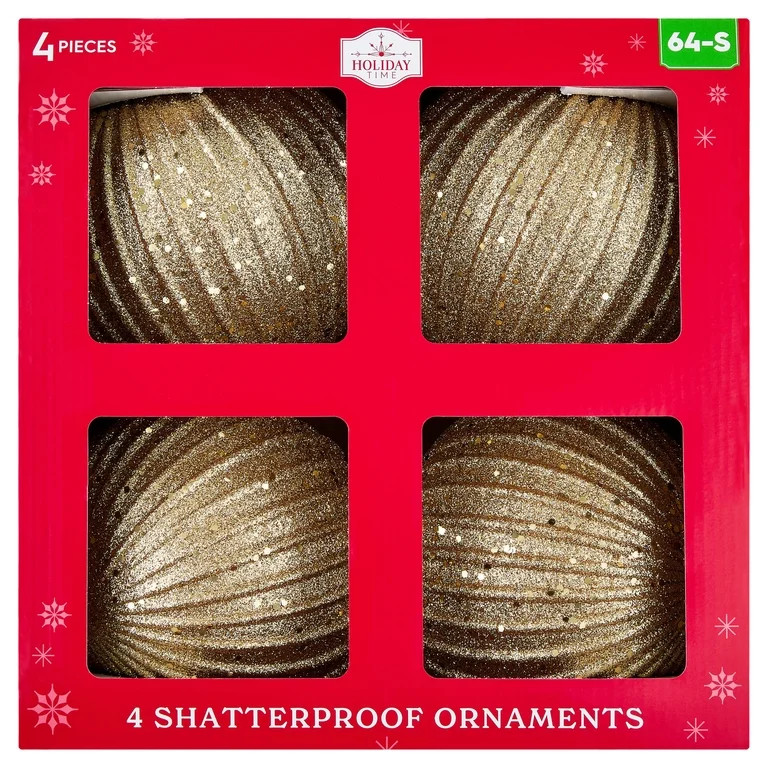 4-Count Gold Glitter Ribbed Shatterproof Christmas Ornaments, 6", by Holiday Time | Walmart (US)