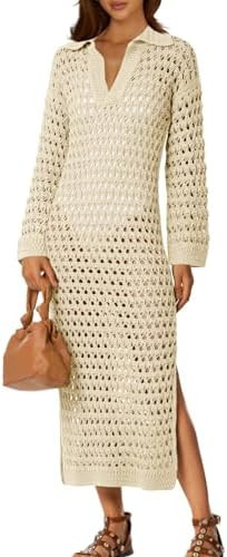 Saodimallsu Womens Crochet Swimsuit Cover Up V Neck Collared Long Sleeve Mesh Knit Long Beach Cov... | Amazon (US)