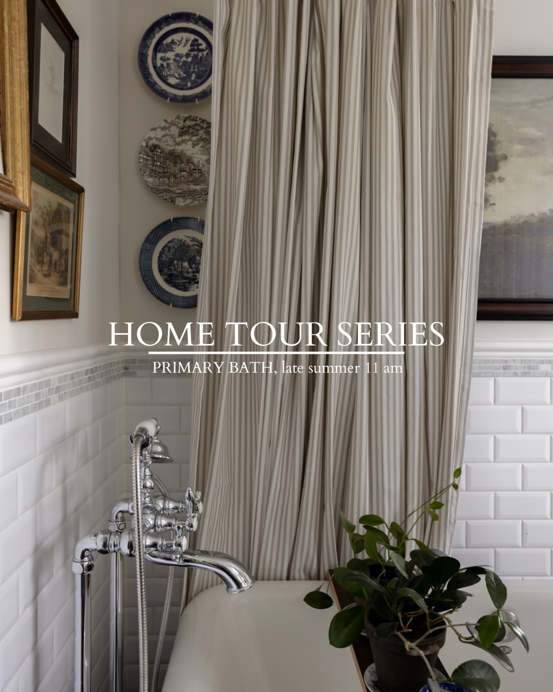 Welcome to the primary bath. This is proof that when you ignore the people at the tile store who tell you that your plan will look too busy, and stick firmly to your vision, you’ll end up with a space that you still truly love over ten years later.

Cabinetry: @kraftmaid in the color Greyloft
Shower curtains and shade: @twopagescurtains (CREEKLINEHOUSE for 22% off)
Fixtures: @moeninc
Wall color: @benjaminmoore Classic Grey
Wall art: Mix of vintage, thrifted, and @oppositewall (CREEKLINEHOUSE for 5% off)

Simple, effective home updates and vintage home decor paired with new finds. Follow @creeklinehouse for more helpful home ideas from my 120-year-old farmhouse.🤍