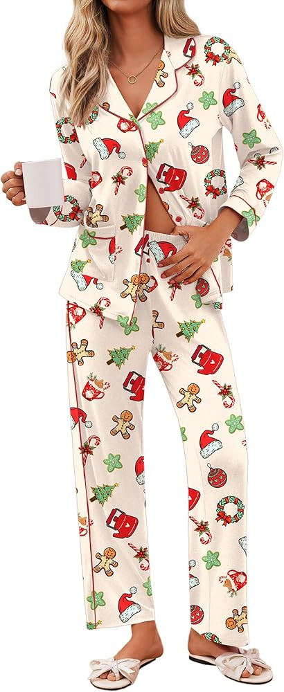Ekouaer Pajamas for Women Set Button Down Pj Long Sleeve Shirt and Pants Lounge Sets Fall Sleepwe... | Amazon (US)