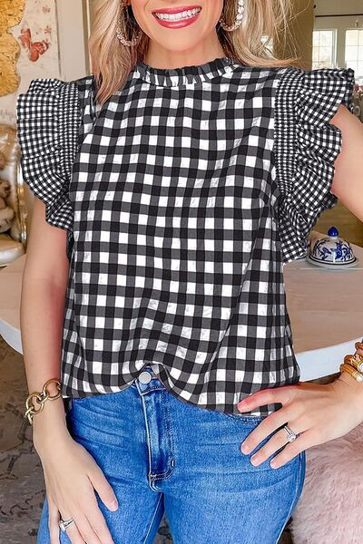 Checkered Ruffled Sleeve Frilled Neck Blouse Black / S | Casual Chic Boutique