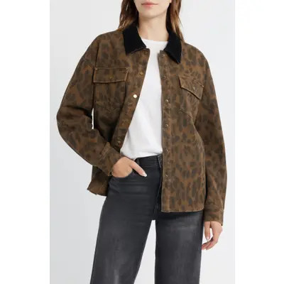 Thread & Supply Leopard Print Cotton Denim Shacket in Forest Multi at Nordstrom, Size X-Large | Nordstrom