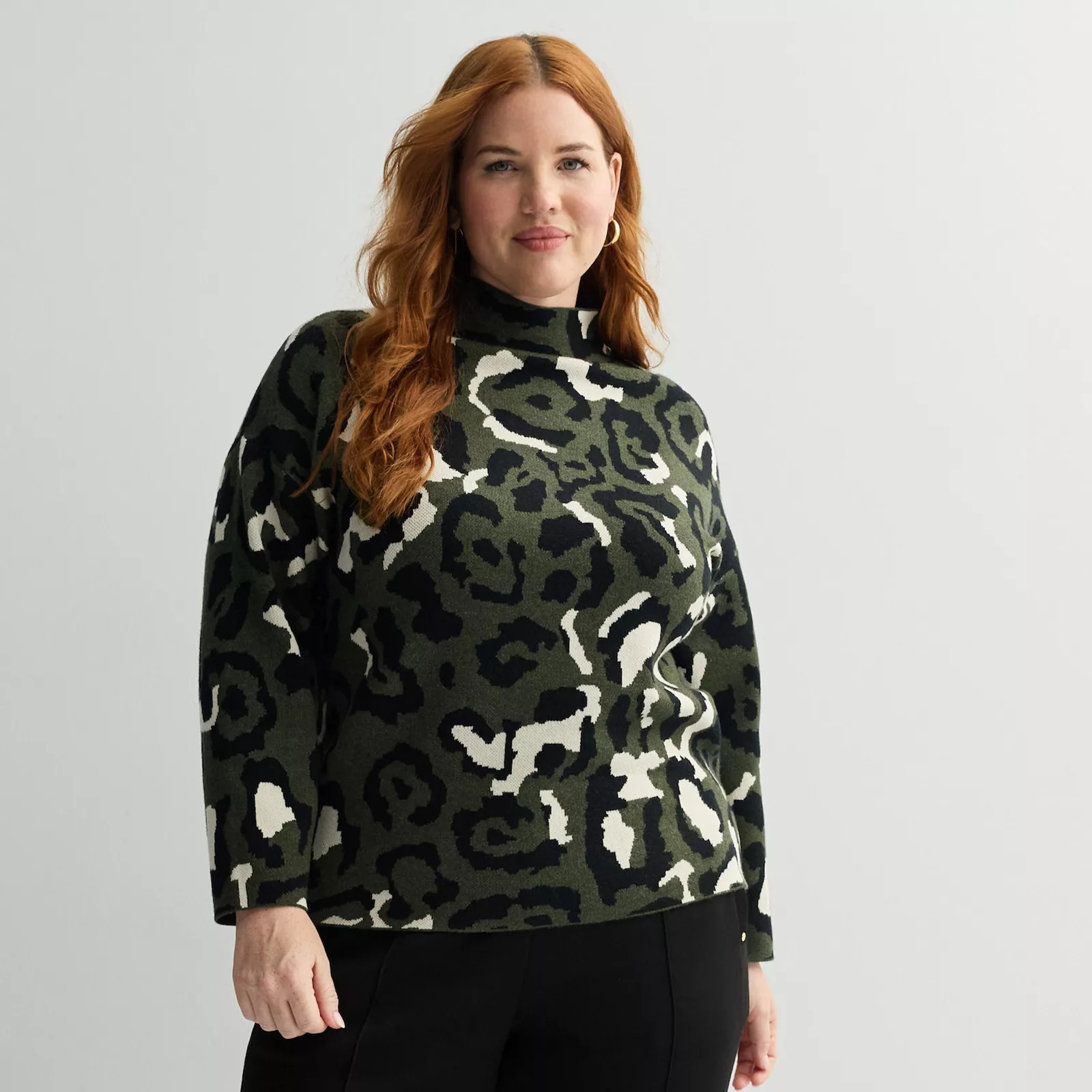 Plus Size Chelsea & Theodore Long Sleeve Mock Neck Sweater, Women's, Size: 2XL, Green Leopard | Kohl's