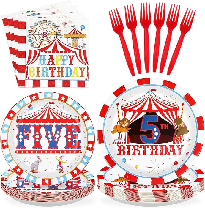 96Pcs Carnival 5th Birthday Party Decorations Carnival Circus 5th Birthday Plates and Napkins Tab... | Amazon (US)
