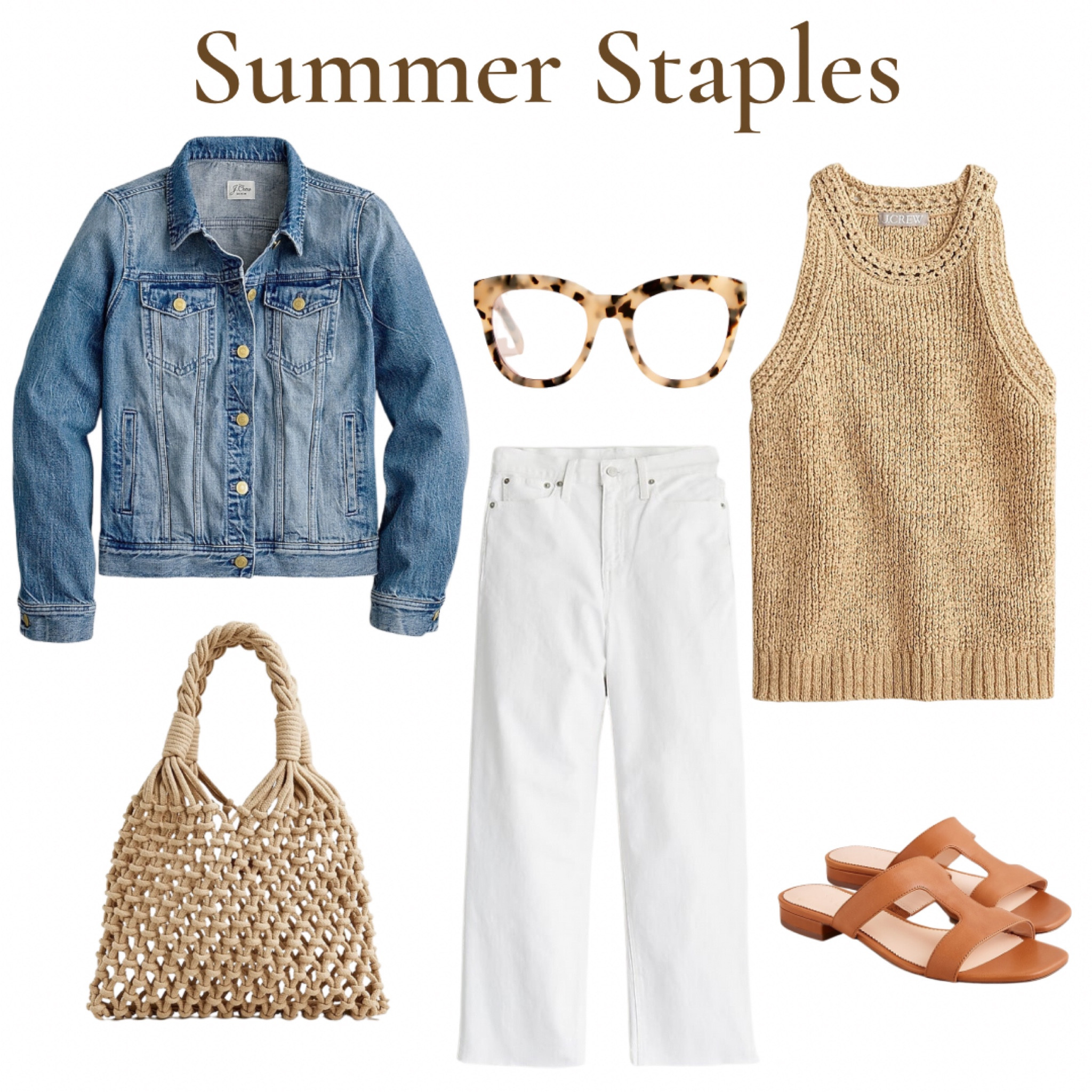 Summer staples: High-neck textured pointelle sweater-tank, white denim jeans, hand-knotted rope tote, denim jacket, sunglasses,  brown leather sandals. 



#jcrew #summeroutfits #vacationoutfits #vacationoitfitinspo

#LTKtravel #LTKstyletip #LTKsalealert