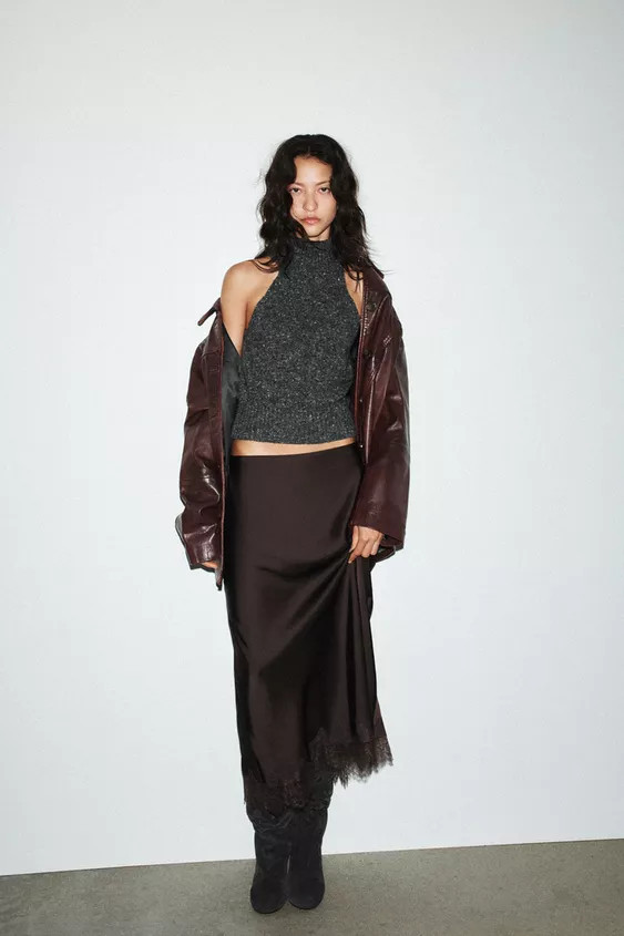 SATIN EFFECT LACE MIDI SKIRT | Zara US