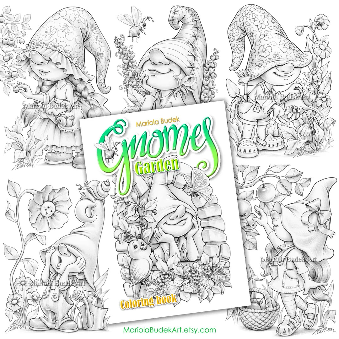 Garden Gnomes | Mariola Budek - Coloring Book | Printable Adult Kids Cute Colouring Pages Instant... | Etsy (US)