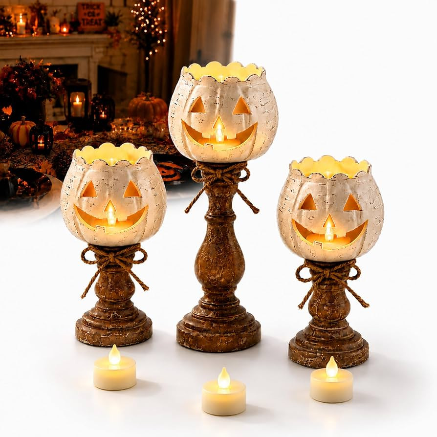 Pumpkin Candle Holder Set of 3, Rustic White Jack-O'-Lantern Tea Light Holders for Halloween and ... | Amazon (US)