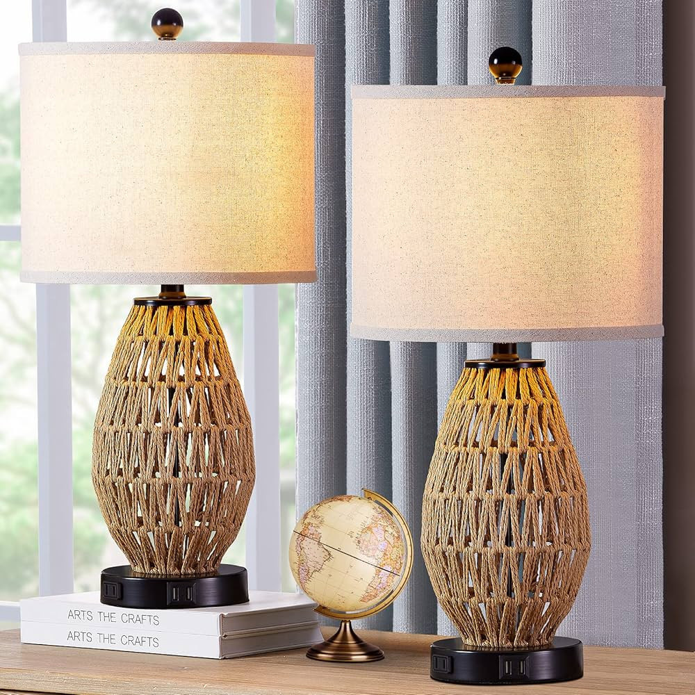Touch Control Rattan Table Lamps for Bedroom and Living Room, Set of 2, 3 Way Dimmable, 2 USB Por... | Amazon (US)