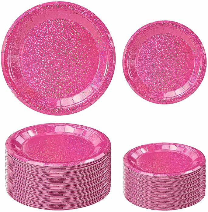 50 Pcs Iridescent Hot Pink Paper Plates 25 \u00d7 7'' and 25 \u00d7 9'' Disposable Pink Shiny Hol... | Amazon (US)