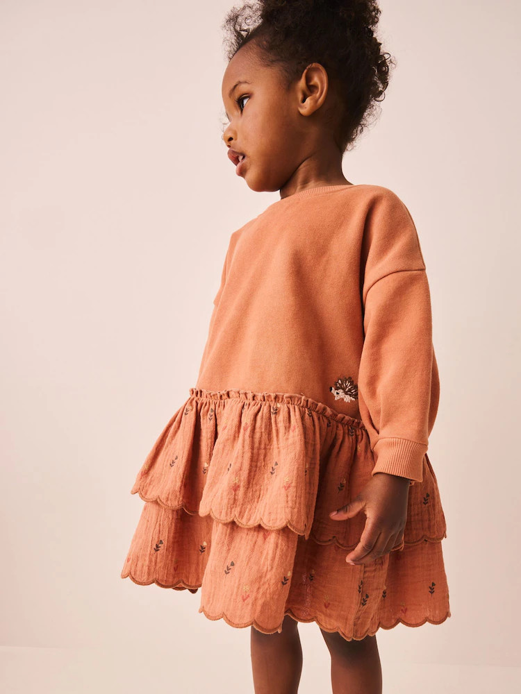 Orange Hedgehog Embroidery Long Sleeve Sweat Dress (3mths-7yrs) | Next US