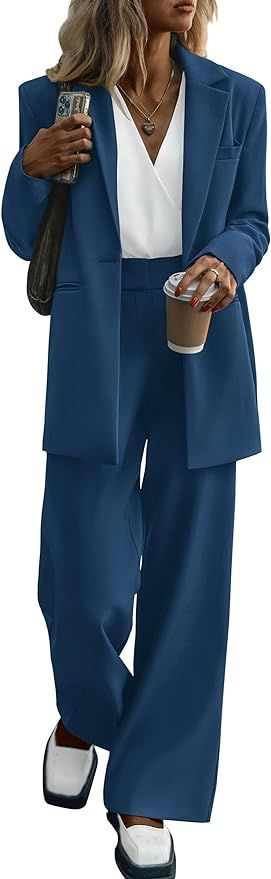 PRETTYGARDEN Women's 2024 Fall Two Piece Outfits Blazer Jacket and Wide Leg Pants Pockets Busines... | Amazon (US)
