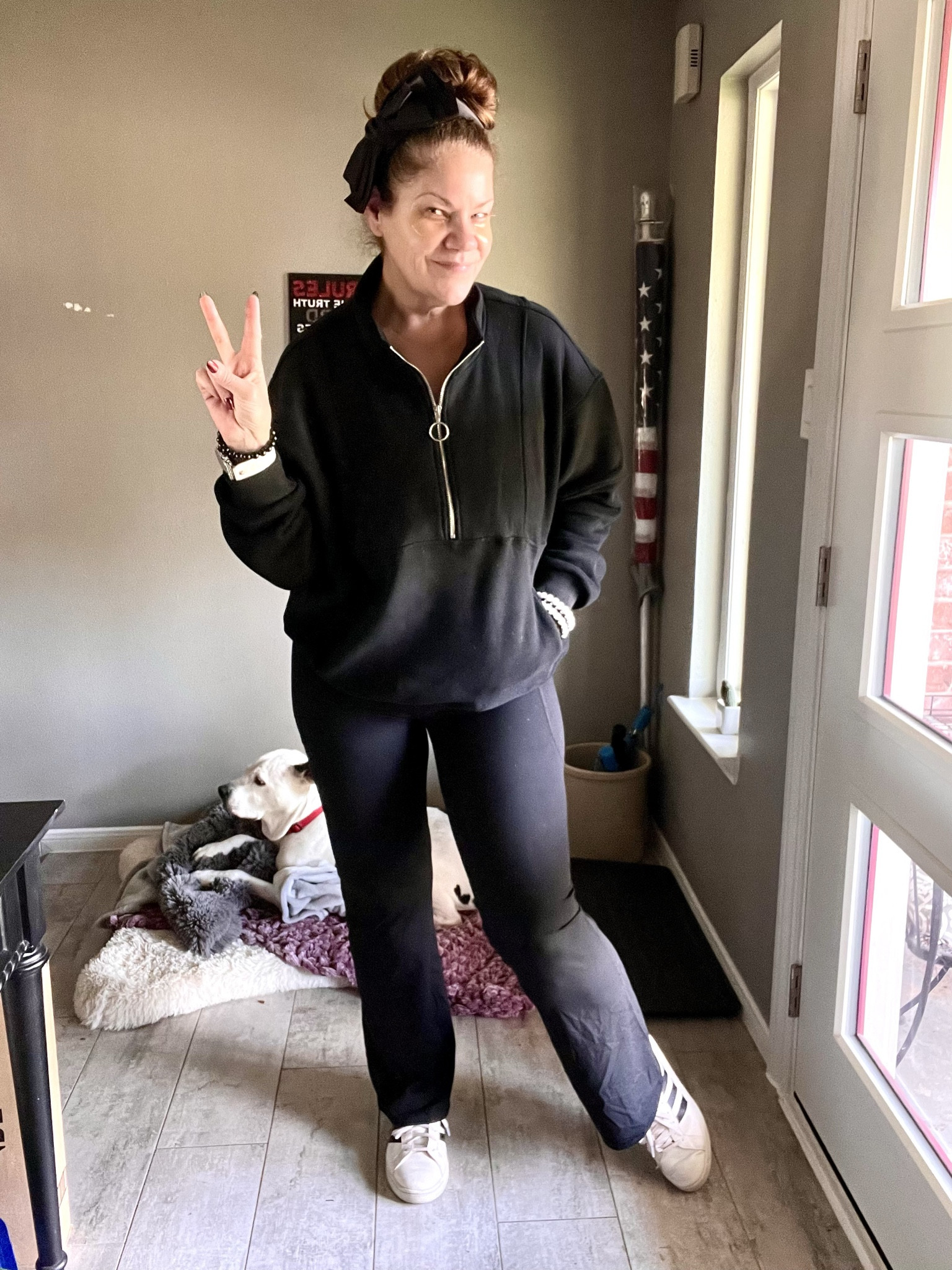 Running errands today in my fav Comfy  ‘fit. I’m 5’9”, 190lbs, shoe size 10. I love the pullover half zip top (size XL on me) paired with flared leggings (size XL on me) partnered with my classic Adidas sneakers (size 10 on me) 🖤🖤🖤. They never get old! 

Look at my boy Max behind me just lettin’ his Mom her thing 😂😂😂. He’s like “will she go already. I wanna hop on the couch” 🤣🤣🤣

#LTKbeauty #LTKplussize #LTKstyletip