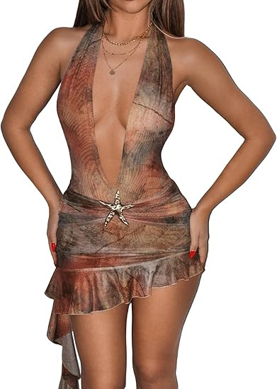 MakeMeChic Women's Halter Dresses Tie Dye Deep V Neck Backless Bodycon Sexy Mini Dress | Amazon (US)