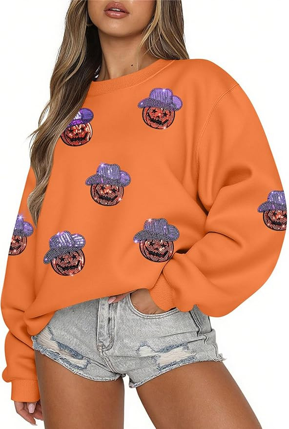 MAXIMGR Halloween Sweatshirts for Women Sequin Ghost Pumpkin Sweatshirt Funny Spooky Season Shirt... | Amazon (US)