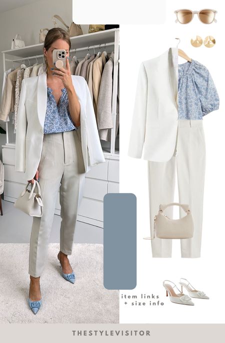Work outfit wearing floral puffed sleeve top with white blazer and cigarette trousers. The last two I linked dupes for. I sized down to 34 for the blouse as it runs a tad large. 
Read the size guide/size reviews to pick the right size.

Leave a 🖤 to favorite this post and come back later to shop

#workoutfit #office outfit #work outfit 

#LTKSeasonal #LTKstyletip #LTKworkwear