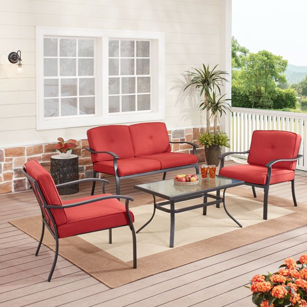 Mainstays Belden Park 4-Piece Outdoor Furniture Patio Conversation Set, Red - Walmart.com | Walmart (US)