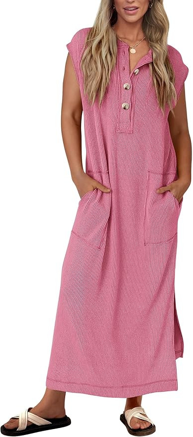KIRUNDO Womens Summer Dresses 2026 Spring Ribbed Knit Henley Short Sleeve Maxi Dress Button Up Lo... | Amazon (US)