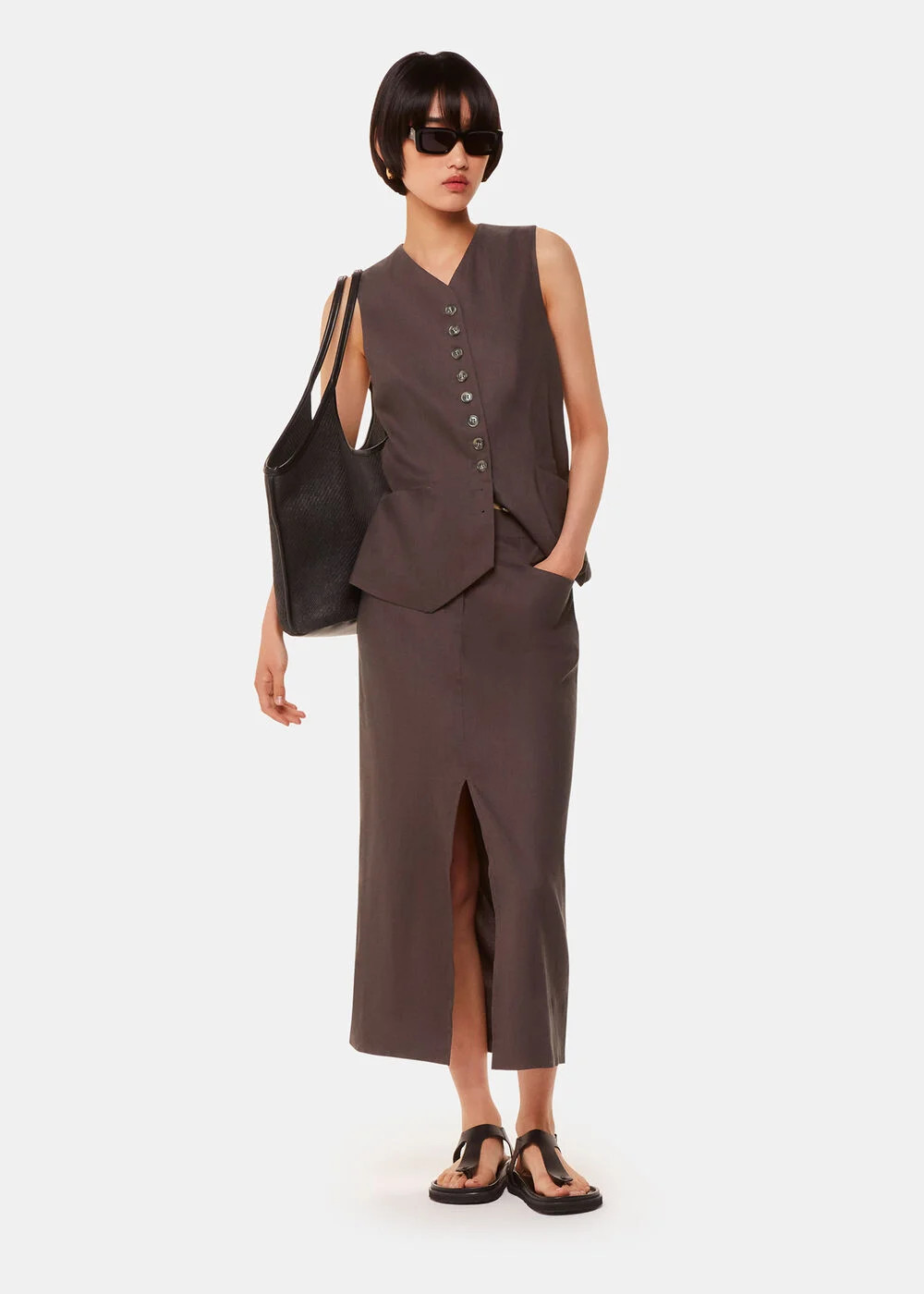 Dark Grey Mila Linen Blend Midi Skirt | WHISTLES | Whistles UK | | Whistles