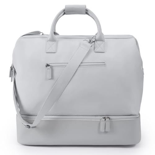 NOBL Travel Weekender Bag for Women & Men, Large Duffel Carry-On Tote with Trolley Sleeve, Separate Shoe Compartment & Laptop Pocket, Leather Overnight Bag for Airplane, Gym, Road Trips - Silver | Amazon (US)