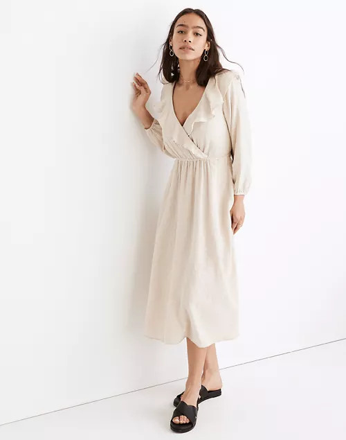 Linen-Cotton Ruffle-Neck Midi Dress | Madewell