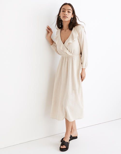 Linen-Cotton Ruffle-Neck Midi Dress | Madewell