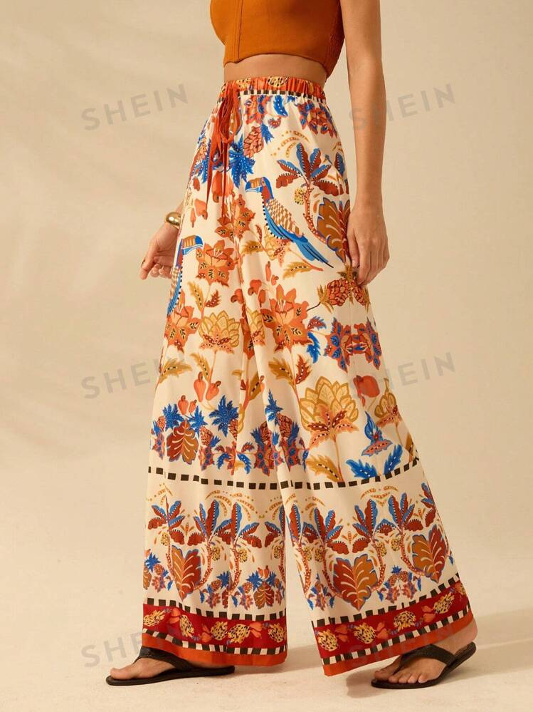 CAJUNI Women's Boho Pineapple, Toucan, Tropical Plants Print Long Pants, Casual Resort Beach Wide... | SHEIN