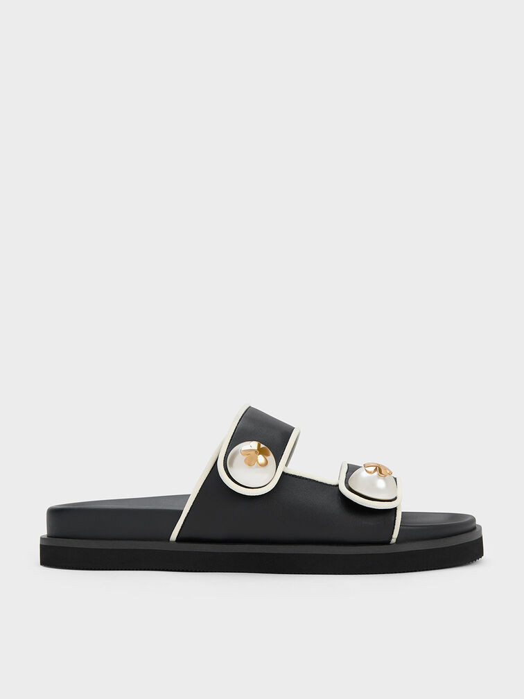 Pearl Embellished Contrast-Trim Slides - Black | Charles & Keith UK