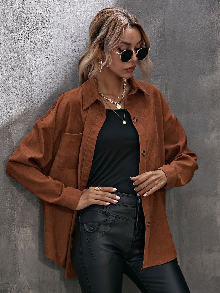 Corduroy Curved Hem Drop Shoulder Blouse | SHEIN