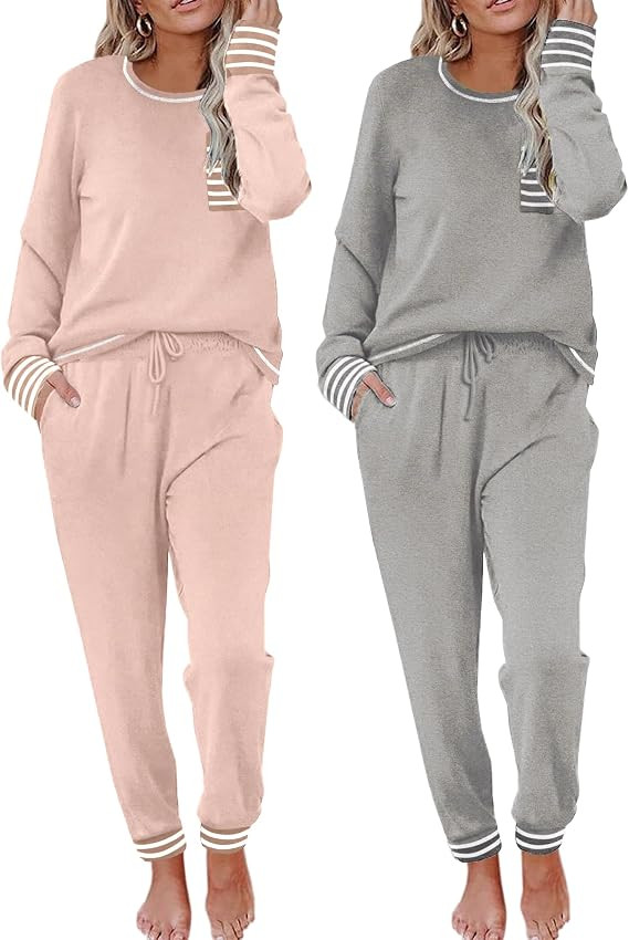 Ekouaer 2 Pack Womens Pajama Sets Long Sleeve Lounge Set Soft Pj Loungewear | Jogger Pants with D... | Amazon (US)